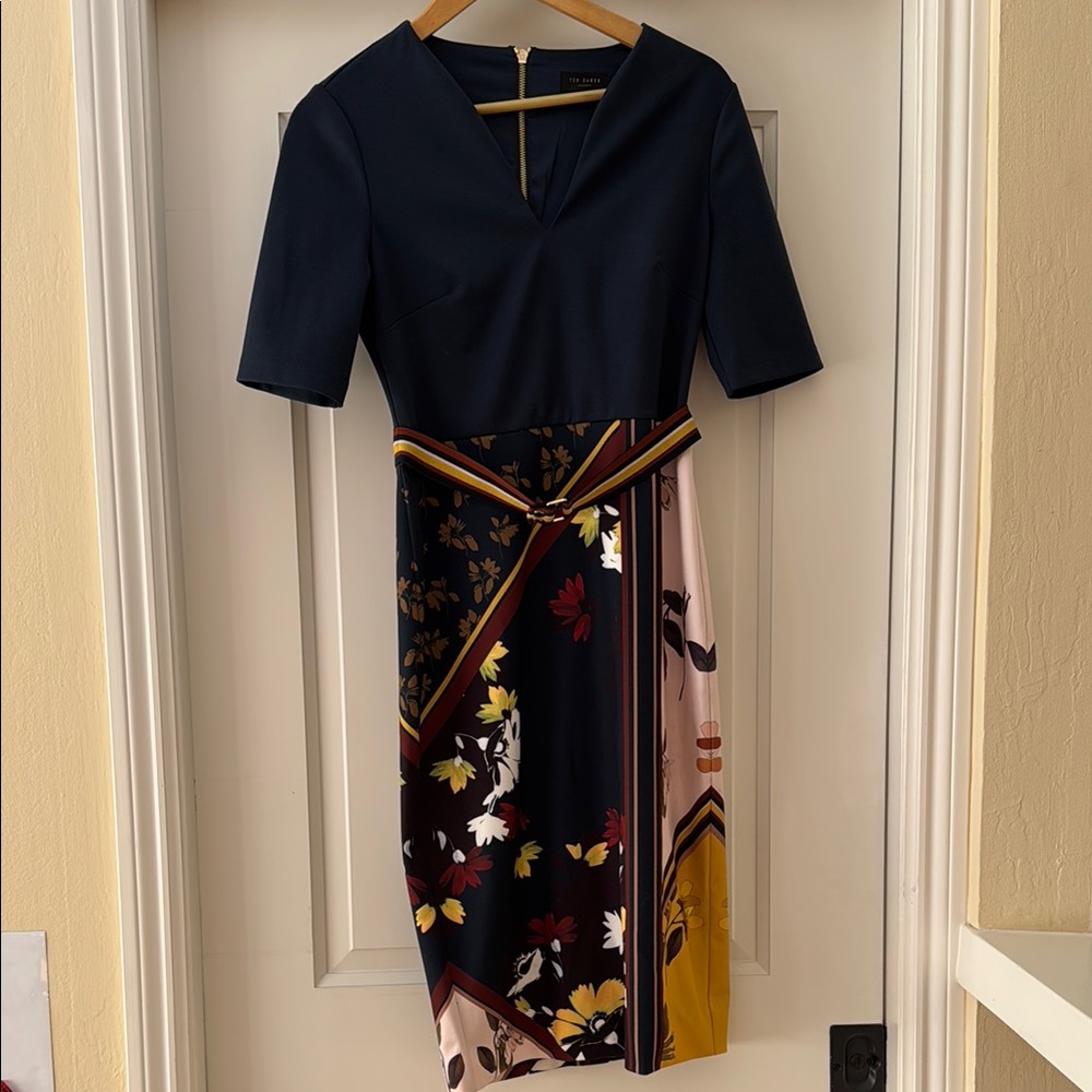 Ted Baler Navy Floral Belted Dress